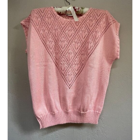Vintage Sweaters - Vintage T. R. Bentley Short Sleeve Embroidered Knit Sweater Pullover Pink Beachy
